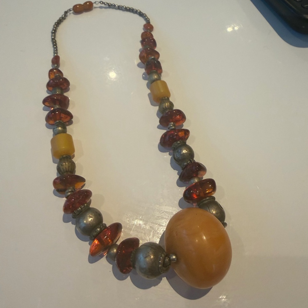 Amber and Silver Beaded Necklace